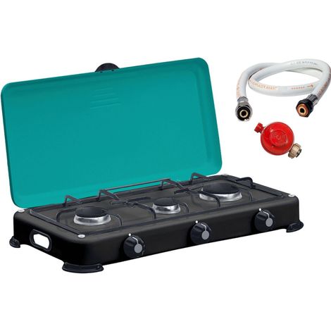 Réchaud à gaz portable 3 feux 4100W Brûleurs + Grille en Fonte amovibles + Tuyau gaz + détendeur Propane GOLD III INTEC (1/5)