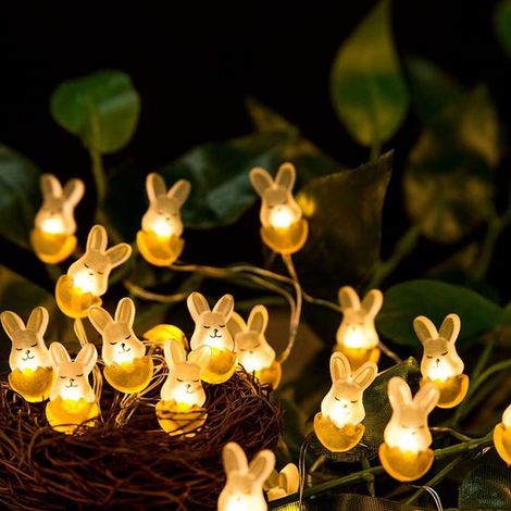 Guirlande lumineuse de Pâques - Décoration de Pâques - Guirlande lumineuse - Lapins lumineux LED - Fonctionne sur piles - Œufs lumineux 3D - 5 mètres x 50 LED - Jaune - Fil de cuivre/PVC (1/5)