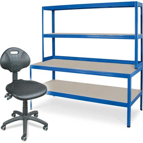 BRB Werkbankregal, HxBxT 900x1800x600 mm, blau + Arbeitsdrehstuhl mit Rollen, Sitz und Rückenlehne aus Polyurethanschaum