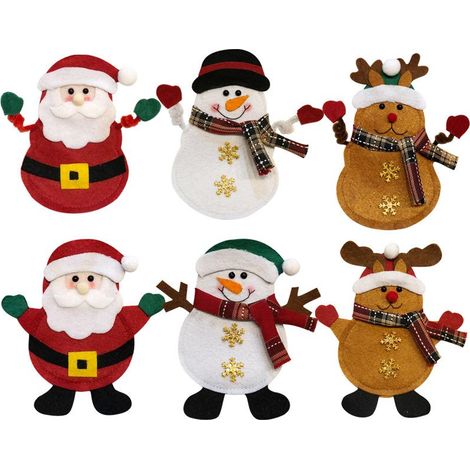 6 porte-couverts de Noël motif bonhomme de neige, sacs en tissu non tissé pour fourchettes et couteaux, décoration de table festive (1/4)