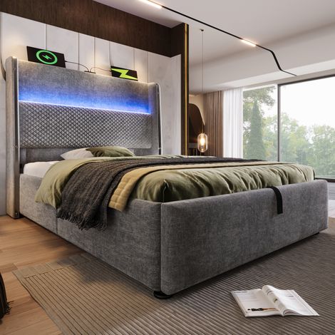 Cama hidráulica moderna 90x200 cm con cabecero alto, LED, USB/Type-C, almacenaje y colchón, gris lino (1/5)