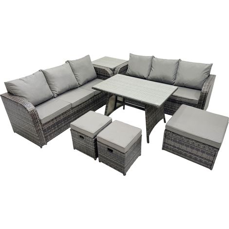 Fimous Garden Rattan Outdoor Furniture Set 9 Seater with 3 Seater Sofa 3 Stools Side Table Dark Grey (1/5)