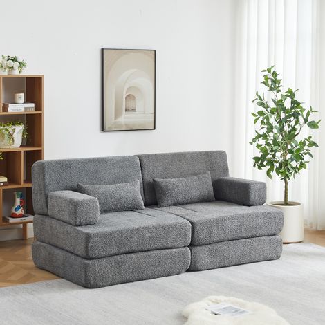 Canapé-lit modulaire 2 places en chenille, fauteuil convertible avec dossier haut et cadre en fer, gris (1/5)