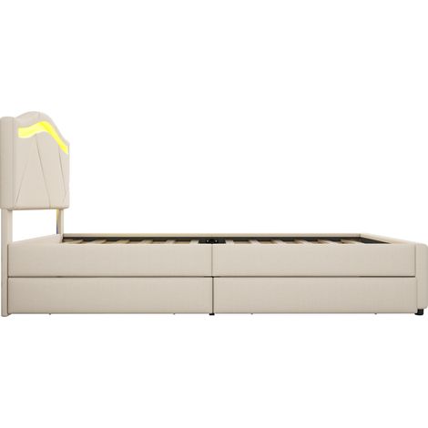 Lit rembourré 90 x 200 cm avec sommier, 2 tiroirs, LED, tête de lit réglable, beige (1/5)