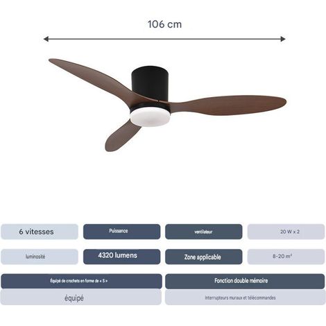 Ventilateur plafond design 42 pouces avec lumière LED, moteur DC silencieux, télécommande et application, 36W, ventilation été/hiver, Bois Foncé (1/4)