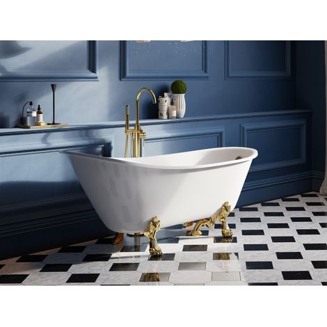 Azura Home Design – Baignoire îlot acrylique blanche sur pieds pattes de lion dorées 160x68 – Finition brillante – Vidage inclus – Garantie 10 ans