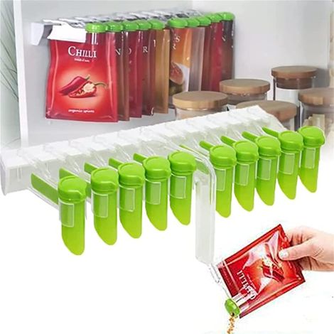 Support mural pour sac à épices –sans crochet de perforation Design suspendu pour sac d'assaisonnement de cuisine, étagère de rangement pour épices avec clip de fermeture et distributeur (1/5)