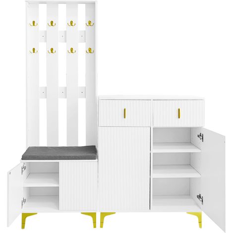 Mueble de Entrada con 2 Cajones y 2 Puertas y Banco Zapatero con Cojín, Blanco, en Tablero de Partículas, 60,5×35,2×180,5 cm (1/5)
