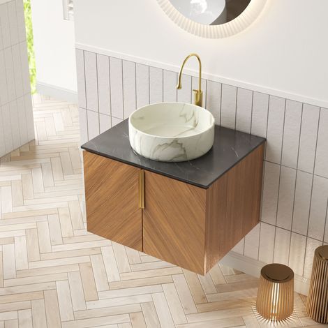 Meuble de salle de bain 61 cm mural,lavabo rond céramique motif pierre. Plan pierre frittée noire 2 portes couleur chêne brun.