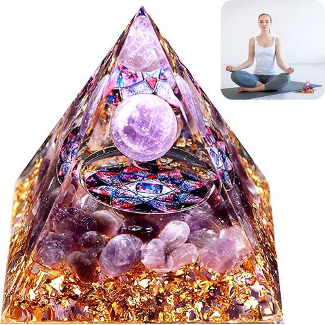 Pyramide Orgonite de Amethyste, Chakra Guérissante Pyramide de Cristal Orgonite, Pierre de Guérison Amethyste, avec Boule de Cristal Feuille d'or en Cristal pour la Méditation, le Yoga (1/5)