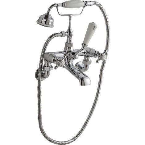 Old London Topaz White Crosshead Wall Mounted Chrome Bath Shower Mixer Tap and Shower Kit with Dome Collar - BC304DXWM (1/2)