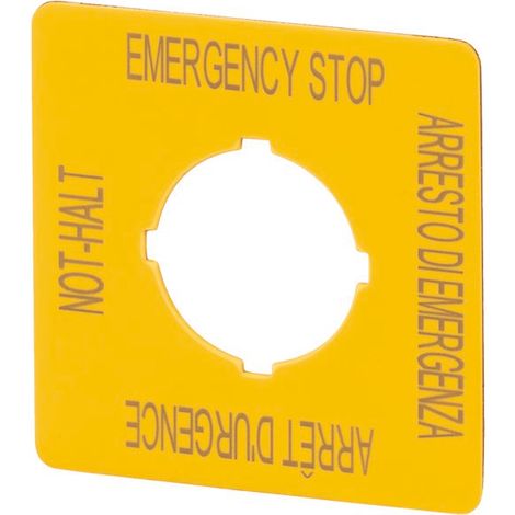 Étiquette arrêt d'urgence HxL 50x50mm jaune DE EN FR IT EATON M22-XYK11