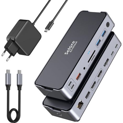 Station d'accueil USB C avec bloc d'alimentation 65 W - Double écran - Station d'accueil pour ordinateur portable - Triple écran avec 2 HDMI, DisplayPort Dock 10 Gbps USB 3.1 A/C, USB3.0, USB2.0, RJ45 (1/5)