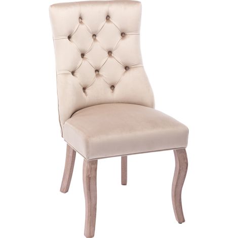 Silla de comedor beige de terciopelo con respaldo alto y botones, estructura de madera, pack de 2 (1/5)
