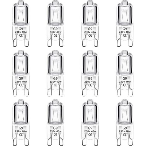 Confezione da 12 lampadine alogene dimmerabili G9 da 40W (0-100%) – Luce bianca calda 2700K – 480LM – Attacco bipolare – Illuminazione uniforme e senza sfarfallio.