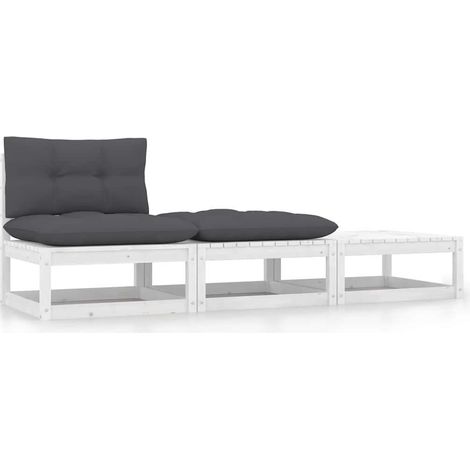 3-tlg. Garten-Lounge-Set mit Kissen Weiß Kiefer Massivholz