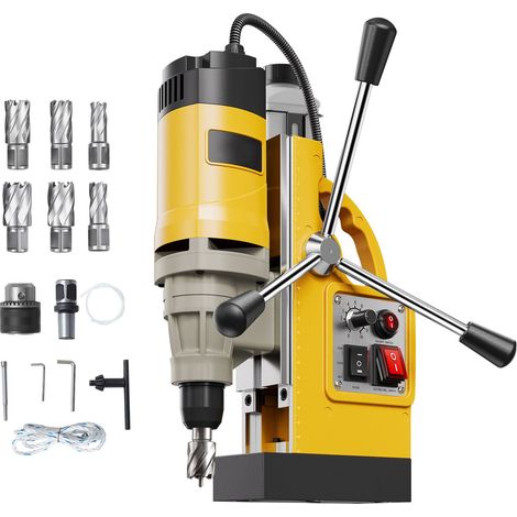 Perceuse magnétique 1400W, diamètre de perçage 2", force 2878 lbf, avec 6 trépans, vitesse variable, pour métal, usage professionnel et bricolage, jaune. (1/5)