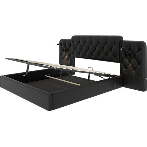 Cama canapé 180 x 200 cm de PU negro con cabecero largo, luces de lectura y USB (1/5)
