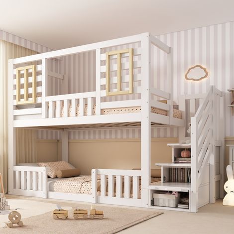 Lit superposé cabane 90 x 200 cm en bois blanc avec escalier de rangement pour 2 enfants (1/5)