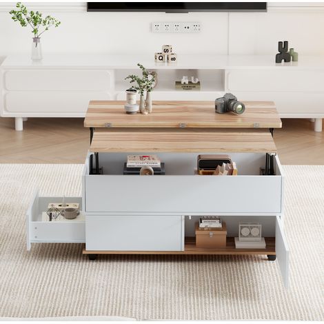 Tavolino da salotto 100x98x65 cm bianco e legno in truciolare con piano sollevabile, contenitore, cassetto e ruote (1/5)