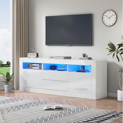 Meuble TV 160x35x60 cm en panneau de particules blanc brillant, LED, 2 portes et 2 tiroirs - CHICFURN (1/5)