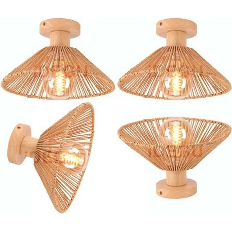 4x Plafonnier Industriel,26cm Rétro Lustre Vintage en Rotin et Bois E27 Lampe de Plafond Design Chapeau pour Couloir Salon (1/5)