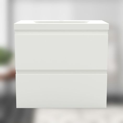 600mm Vanity Unit with Basin Wall Hung High Gloss White Storage Cabinet 2 Drawers (1/4)