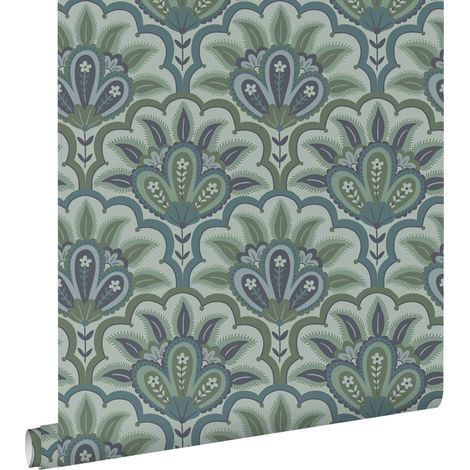 papier peint motif baroque oriental bleu et vert - ESTAhome (1/5)