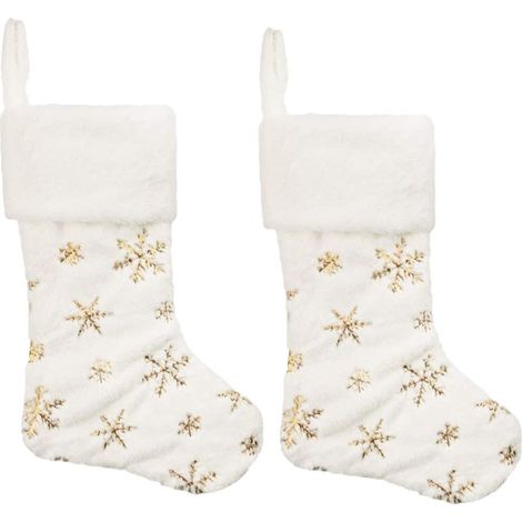 Chaussette De Noël - Blanc Neige Avec Flocon De Neige Brodé - Pour Décoration De Sapin Ou Cheminée - Lot De 2 (1/4)