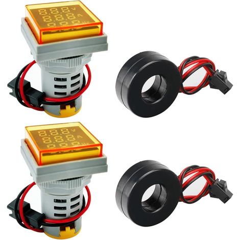 Set of 2 Three-Digit 22mm Indicators for AC Current 20-500V, Voltage 0-100A, Frequency 20-70Hz, Square Head, LED, Multifunctional Measuring Instrument, Yellow