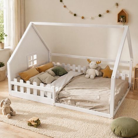 Kinderbett Hausbett mit Geländer 140x200 Kiefernholz Weiß OKMYHOME (1/5)