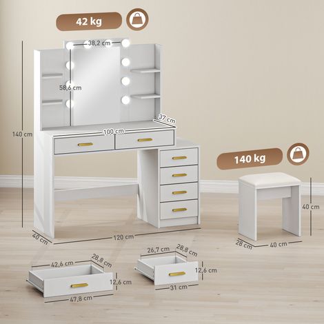 Coiffeuse avec miroir éclairé et tabouret rembourré, ensemble de maquillage avec 6 tiroirs et étagères, blanc (1/5)