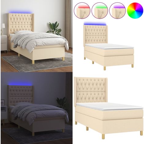 Sommier à lattes de lit matelas et LED Crème 90x190 cm Tissu - Sommier Tapissier - Lit Plateforme - Lit Avec Rangement - Tête De Lit Ajustable - Éclairage Led - Home & Living (1/5)