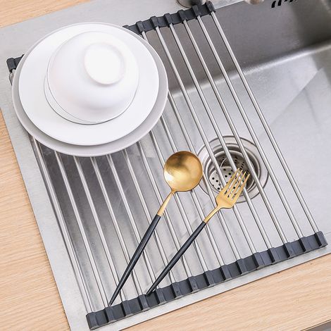 Rack De Séchage Pour Vaisselle - En Acier Inoxydable 304 - Convient Pour Évier - Pliable Et Roulant - 37 x 29 cm - Noir (1/5)