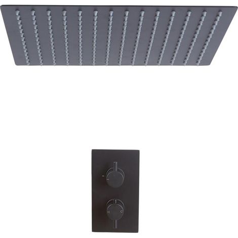 Milano Nero Black Concealed Twin Thermostatic Mixer Shower Valve with 400mm Square Ceiling Mounted Recessed Rainfall Shower Head