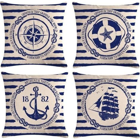 Set di 4 federe decorative a forma di vela con motivo a bussola, in cotone e lino, 45x45 cm. (1/5)