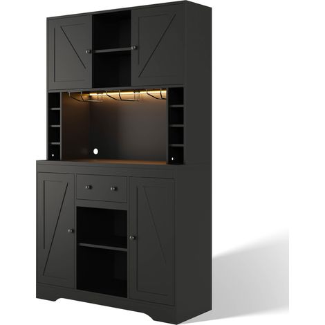 Buffet de cuisine avec éclairage LED, étagères réglables, porte-verres en inox, rangement bouteilles et prise intégrée 180 x 40 x 105 cm (1/5)