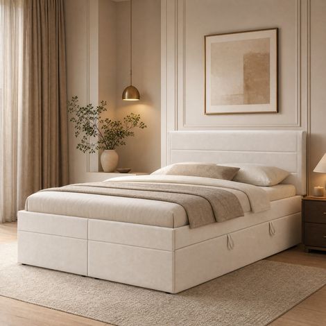 DESMIU Lit coffre 140 × 200 cm 2 places avec rangement, sans matelas, en bois massif et MDF, beige (1/5)