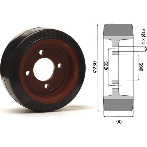 Roue motrice 230 x 90 - 4 trous CAOUTCHOUC NOIR ( Fenwick 0039902315 )