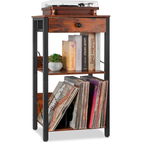 Support pour Tourne-disques Vinyles 3 Niveaux avec Tiroir Étagère Jusqu'à 100 Albums, Meuble de Platine Vinyle, Table d'Appoint pour Salon, Chambre et Bureau (1/5)