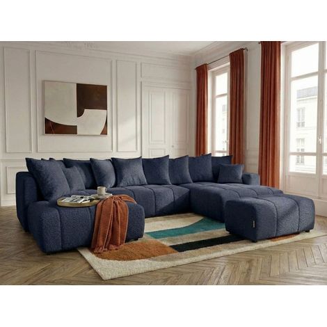 BOBOCHIC - Canapé panoramique convertible ROXELANE tissu bouclette avec pouf Angle droit  Bleu foncé (1/4)
