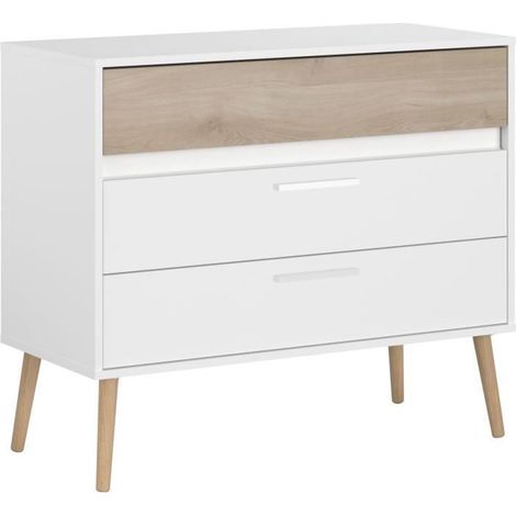 Commode AALBORG 3 Tiroirs - Décor blanc et chêne - Scandinave - L 90,8 x P 40 x H 77,5cm - PARISOT (1/5)