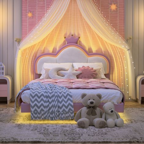 Letto singolo imbottito 140x200 cm per bambini, letto per bambine con illuminazione a LED e controllo tramite app, letto per bambini con design a nuvola, testiera regolabile in altezza, velluto rosa e