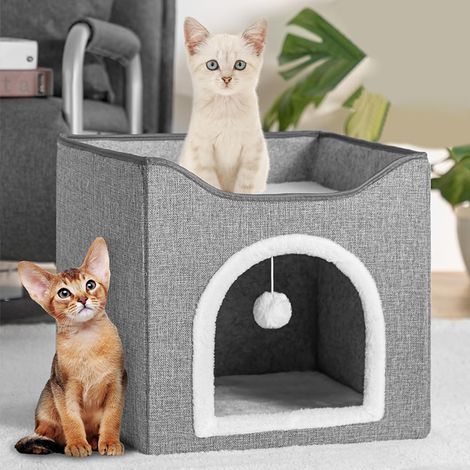 Niche à Chat Pliable avec entrée en Arc, Maison griffoir pour Animaux domestiques en Polyester rembourré, lit rayé Gris 2 étagères, Base antidérapante Large Ouverture (1/5)
