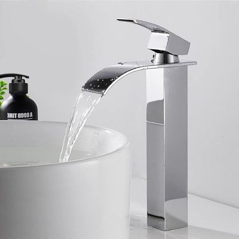 Robinet de salle de bain haute cascade chromé argent mitigeur mitigeur mitigeur lavabo robinet SUS304 acier inoxydable durable antioxydant design élégant (1/4)