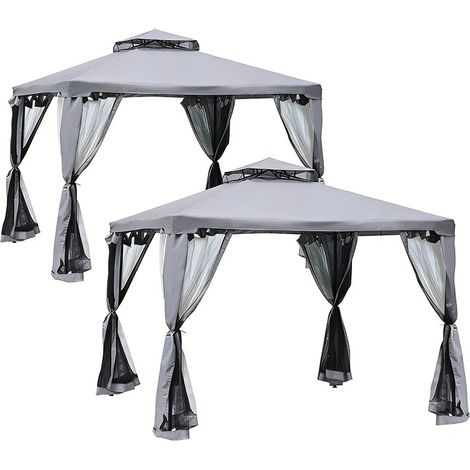 2er-Set  gartenpavillon Pavillon 3x3m Partyzelt mit 4 Seitenwänden wetterfest aus Metall und Polyester in Hellgrau für Garten und Veranstaltungen