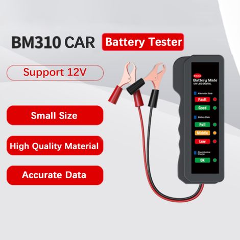 Testeur de Batterie 12V Automobile LED, Testeur d'Accumulateur Auto Moto avec Écran, Design Compact ABS, Avertissement de Surcharge, Tension 12V, Température 0-60°C (1/4)