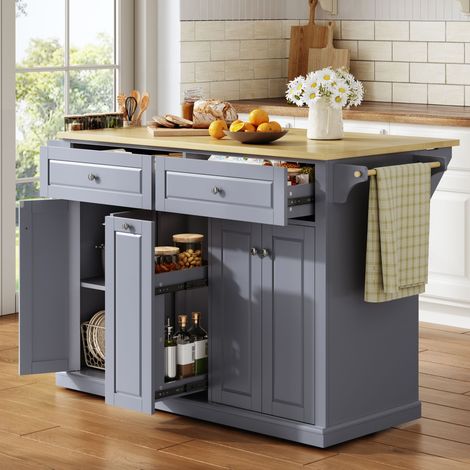 Îlot de cuisine mobile avec plan de travail rabattable, desserte, meuble de rangement avec tiroirs verticaux à deux niveaux, 2 grands tiroirs et roulettes verrouillables, 121 × 49 (69) × 89 cm (1/4)