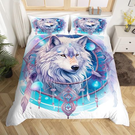Housse de Couette Loup Attrape-Rêves, Parure de Lit 220x240 Adulte Plume Boho Chic, Sets de Housses de Couettes Loup Blanc pour Femmes Hommes Adultes, Couvre Lit Animal Sauvage 3D (1/5)