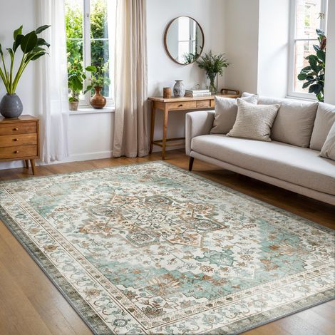 Tapis Salon Vintage 120x170cm Lavable en Machine Rug AntidéRapant Poil Ras, pour Chambre Salle a Manger Descente de Lit Bureau, Cuisine, Turquoise Délavé (1/5)